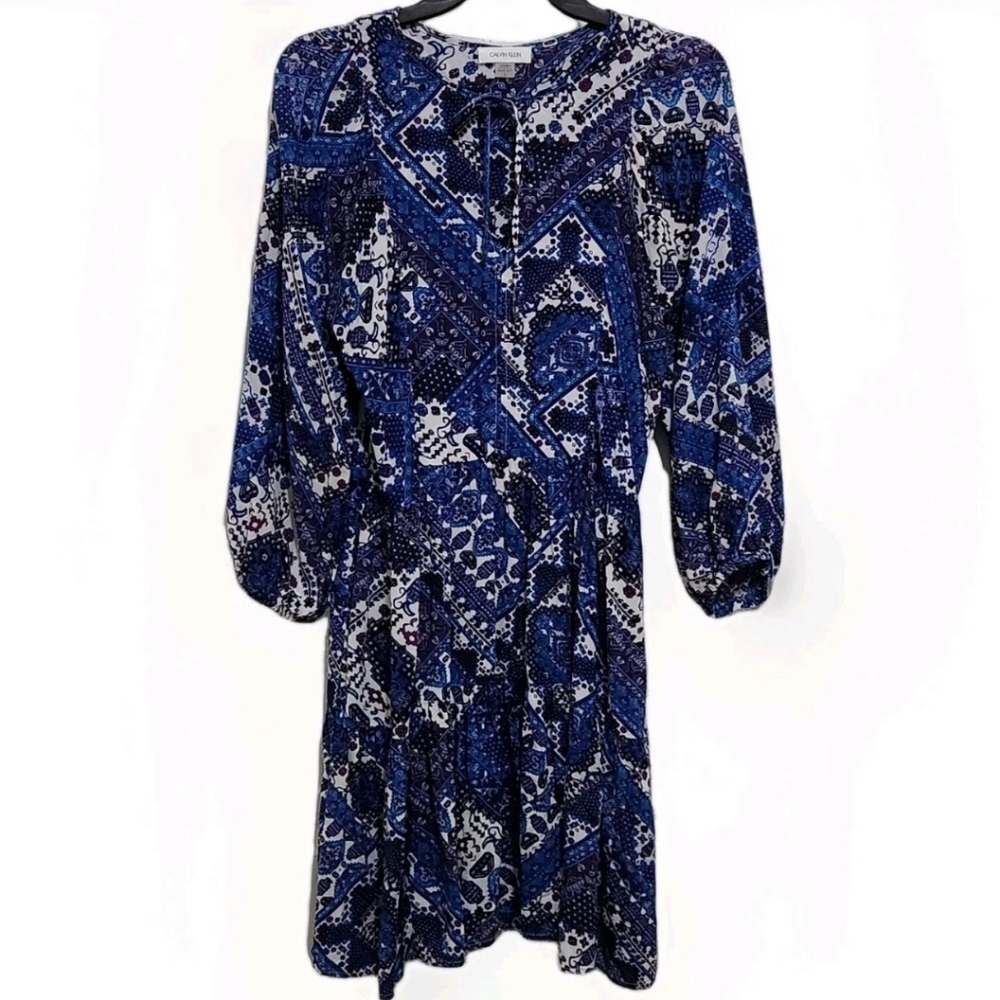 Calvin Klein Women's Size 6 Blue Handkerchief Print 3/4 Sleeve Dress Tie Neck